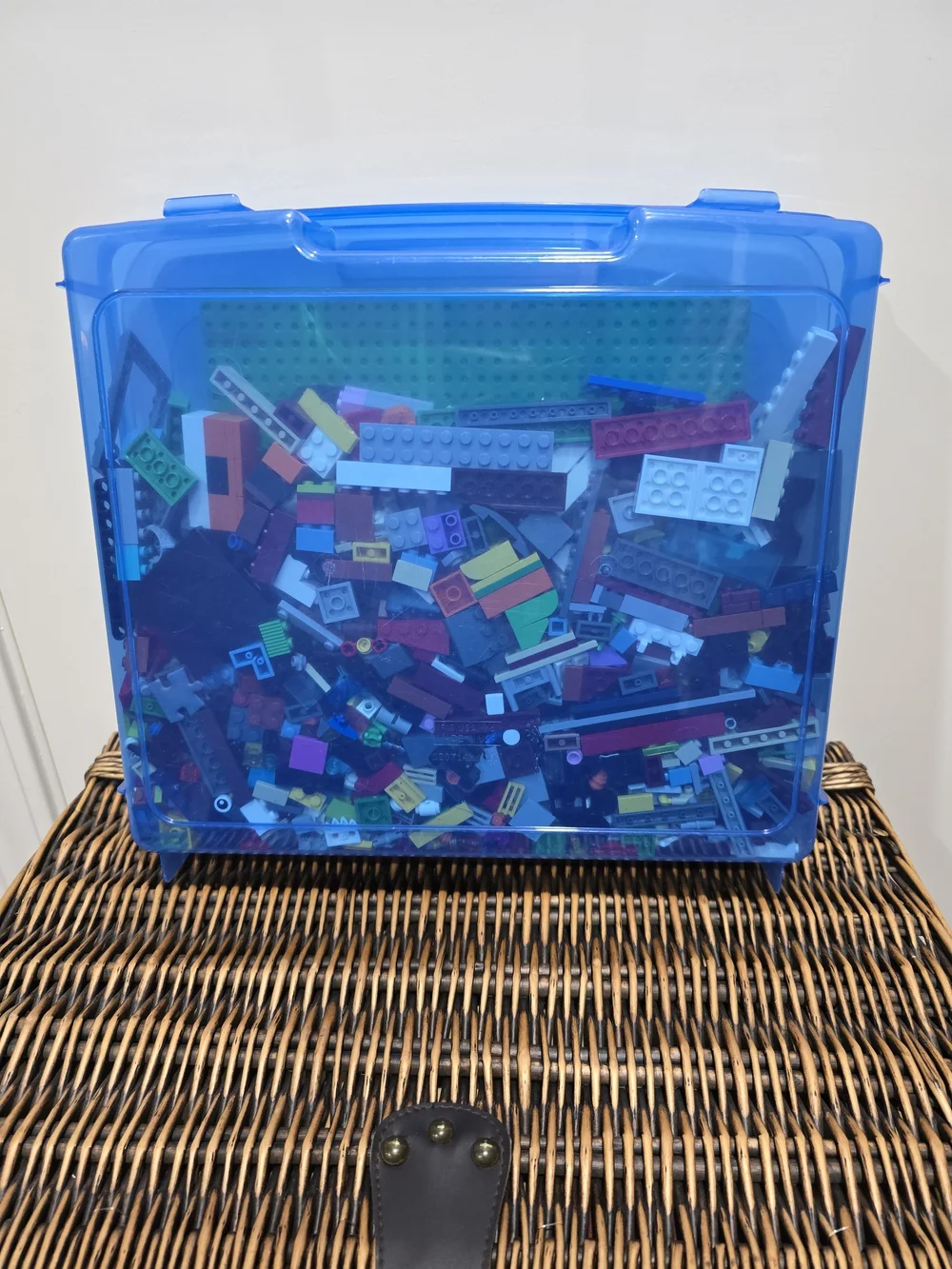 Lego Blue Carrying Case with Green Baseplate and Yellow Face Plate W/ Misc Legos